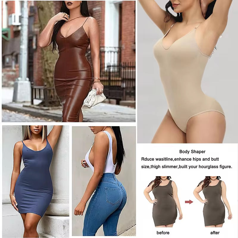 Slimming V-Neck Bodysuit with Compression and Open Crotch